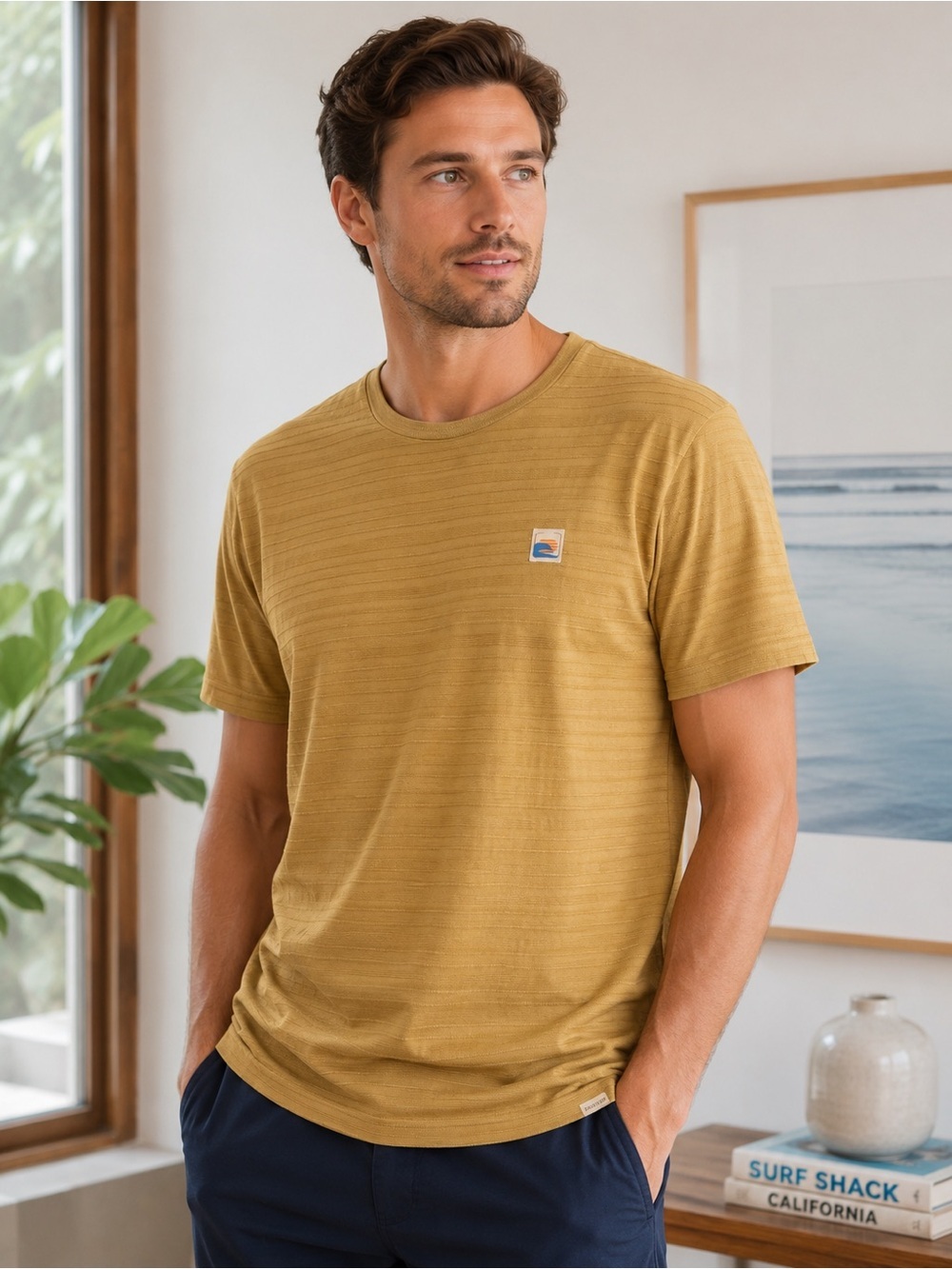 Laguna Textured Crew Neck T-Shirt Men’s Medium Tan Casual Tee Like New